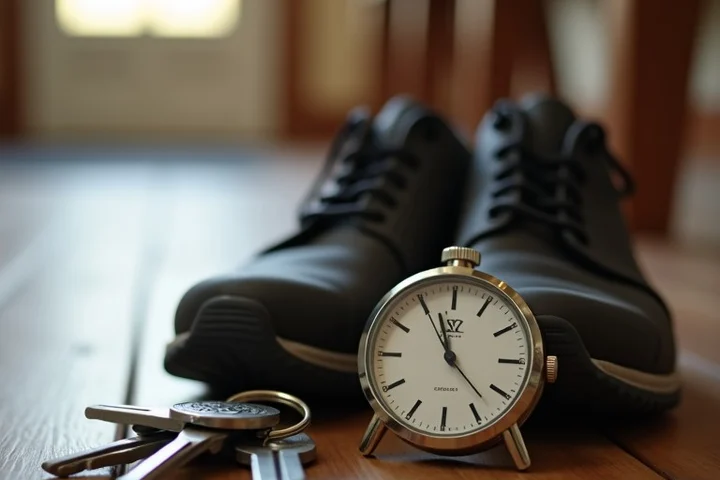 A pair of walking shoes, house keys, an analog wristwatch, and a small compass are arranged on an entryway bench