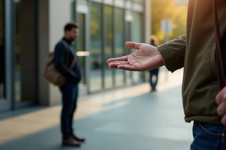 An adult raises an open palm toward a blurred stranger outside a civic library