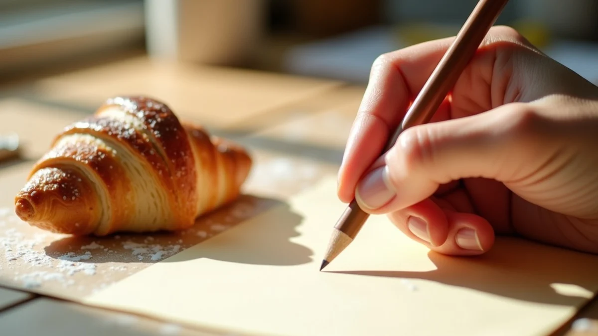 A hand sets a slightly misshapen croissant beside a blank cream card and a pencil on a bright kitchen table