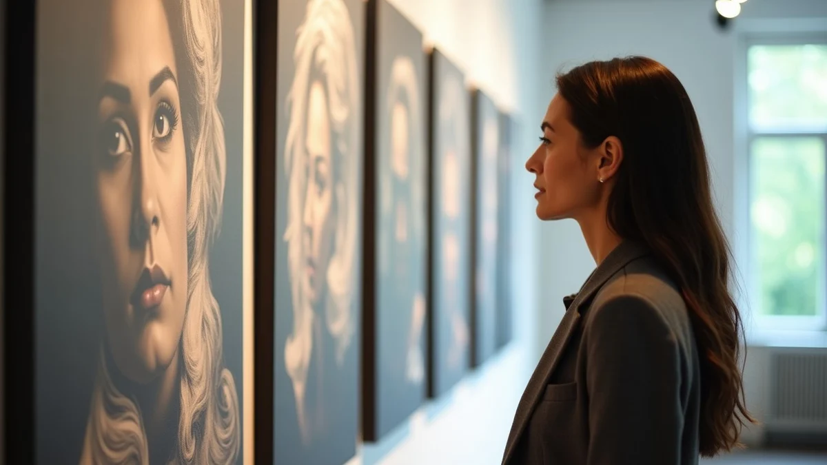 A thoughtful professional studies a gallery wall of abstract portrait panels