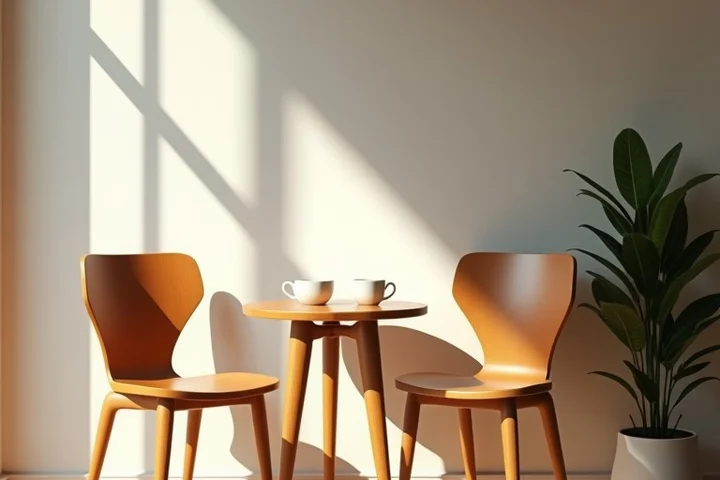 two empty cafe chairs beside a small round table with two plain ceramic cups, soft daylight and an ordinary welcoming interior