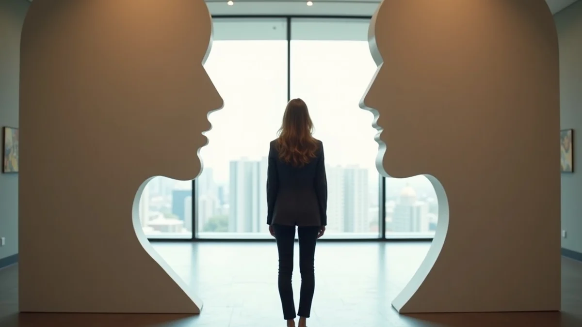 A thoughtful professional weighs two distinct dating paths without using a device