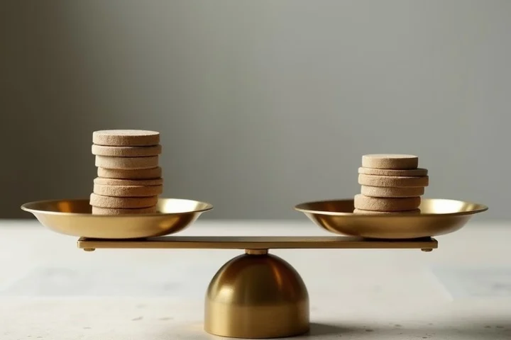 A brass balance scale holds two equal unmarked tokens on a neutral stone tabletop in a minimalist service-design studio