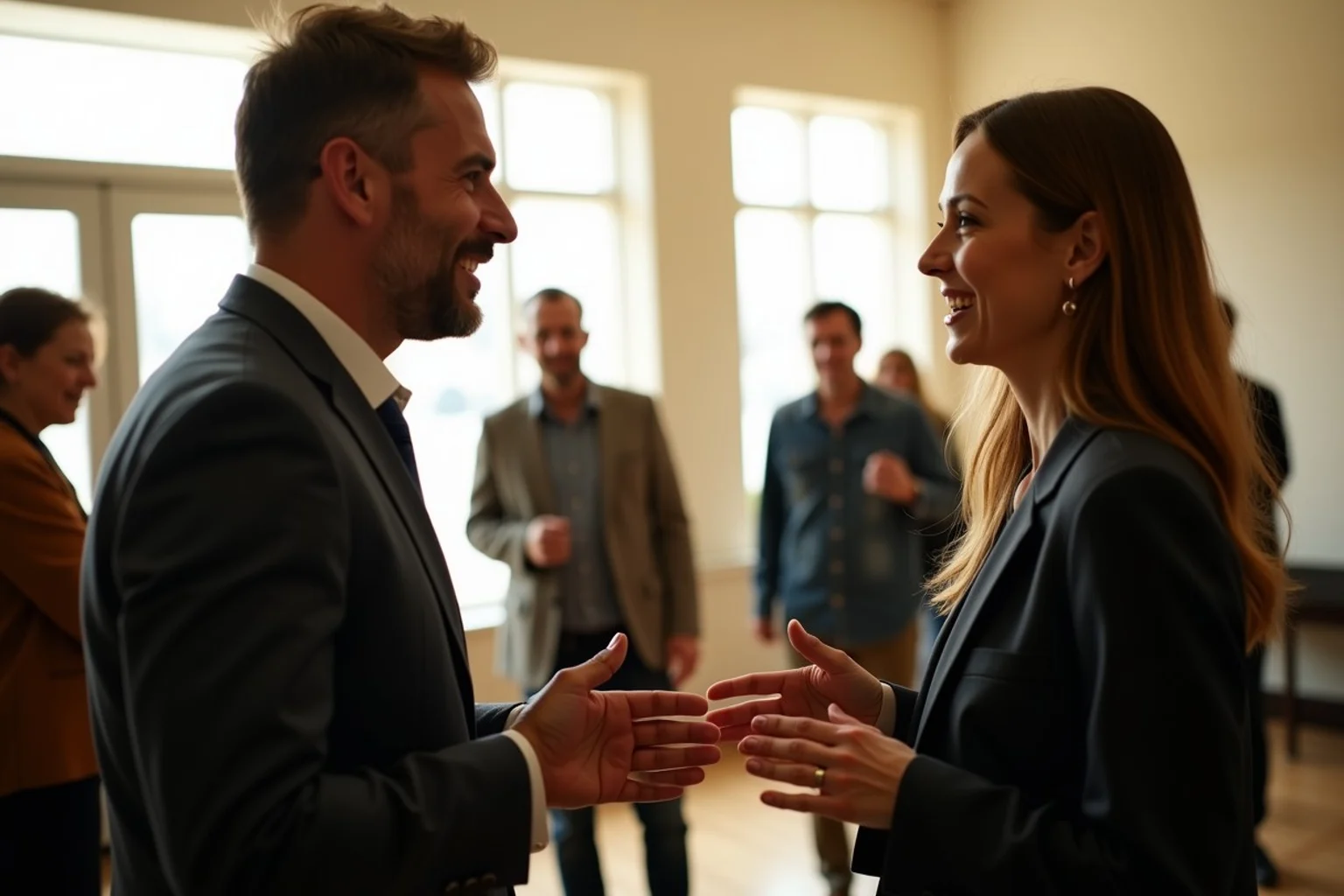 Two professionally dressed adults exchange an attentive introduction at a relaxed neighborhood gathering in a bright community hall