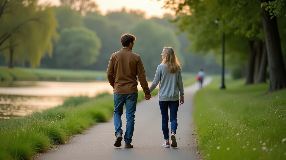 A couple in their late thirties walks slowly along a quiet riverside park path