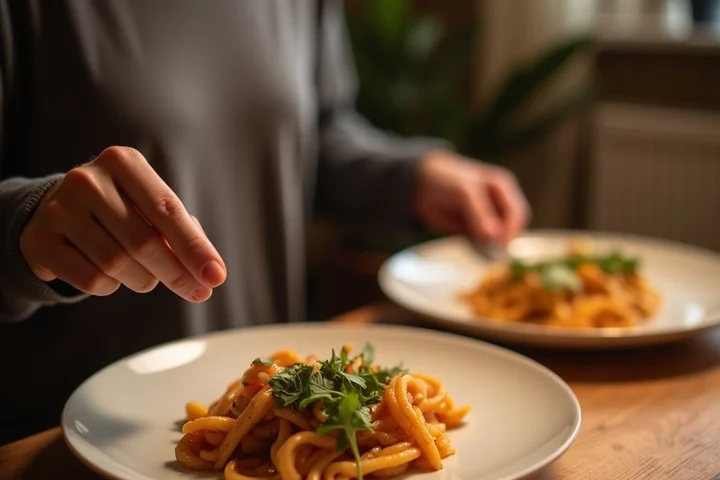 A person sets two simple dinner plates on a warmly lit apartment dining table