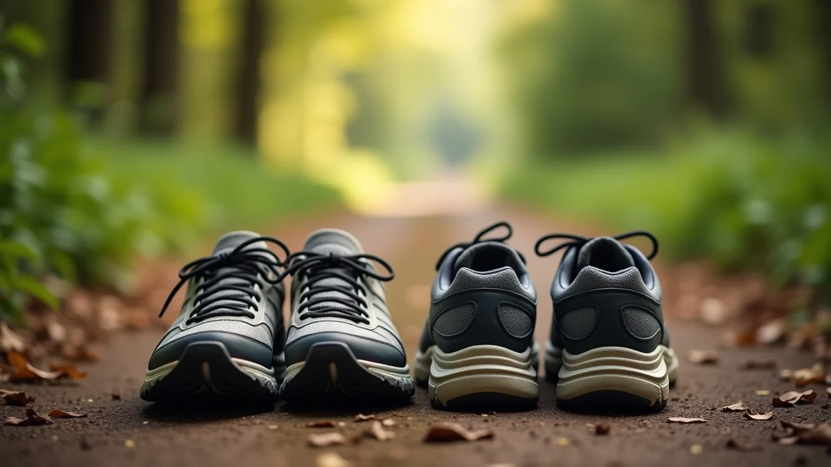 Two pairs of walking shoes rest side by side at the edge of a winding woodland path, one pair slightly scuffed and the other nearly new