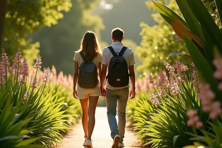 A pair of adults stroll through a botanical garden, pausing together beside flowering plants while sunlight filters through tall leaves