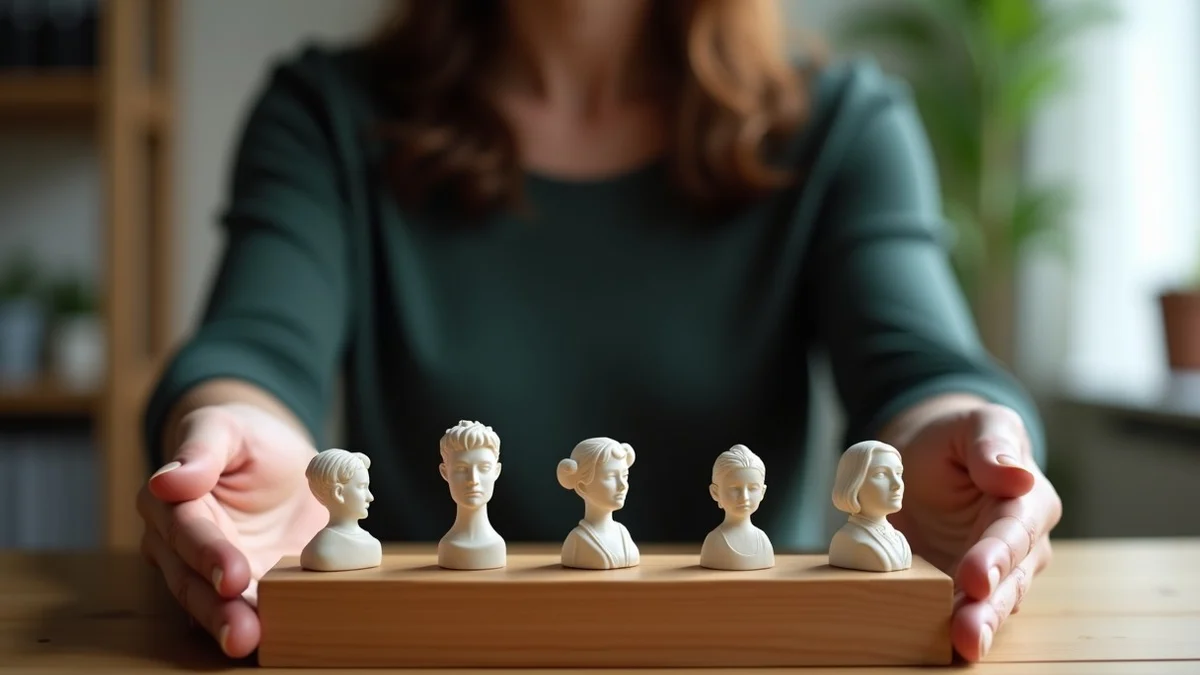 A mid-career professional weighs four unmarked sculptural tokens on a wooden bench in a quiet home study