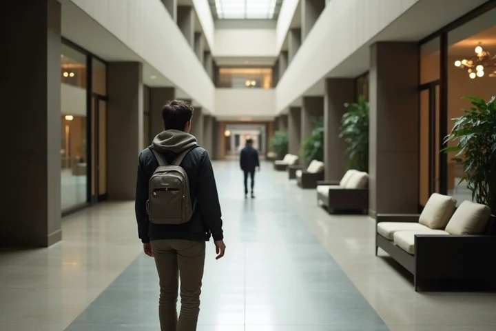 A thoughtful adult chooses one of four unmarked pathways in a quiet modern public atrium