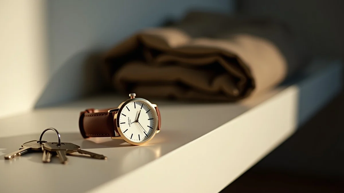 A single analog wristwatch rests beside house keys and a neatly folded jacket on a narrow entryway shelf