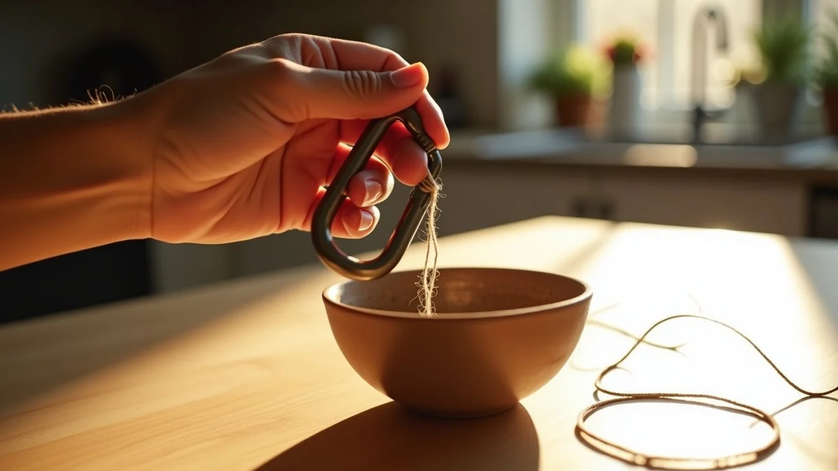 One hand links a climbing carabiner and a small handmade pottery bowl with a curved strand of thread on a sunlit kitchen island