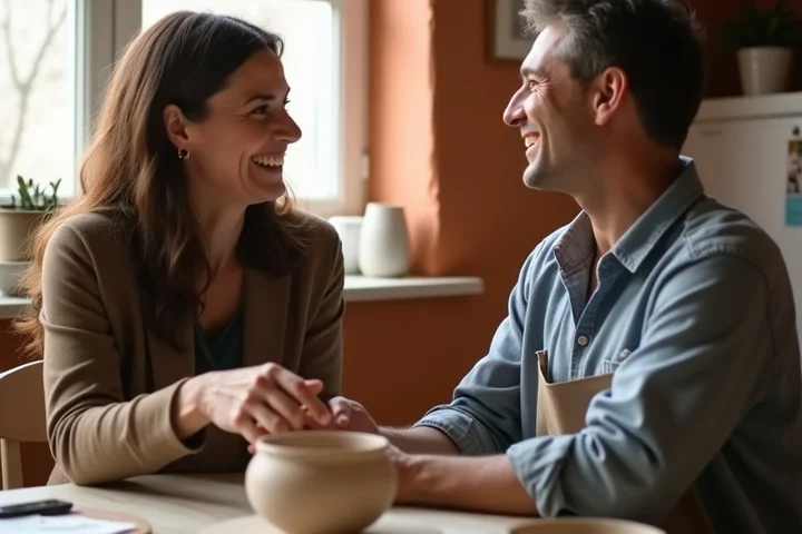 Two adult professionals continue an easy conversation across a community pottery-class table