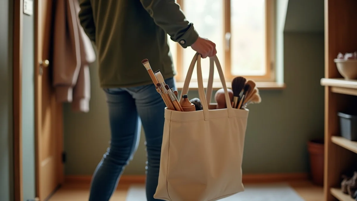 A busy professional packs a canvas tote with pottery tools before leaving home for a recurring community class