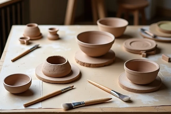 Unpainted clay pieces, brushes, water bowls, and two stools form an inviting still life on a shared worktable inside a neighborhood pottery studio