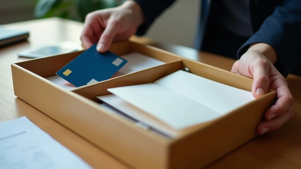 A hand places a payment card, a gift card, and a small evidence sleeve into separate compartments of a tan archival tray on a home office table