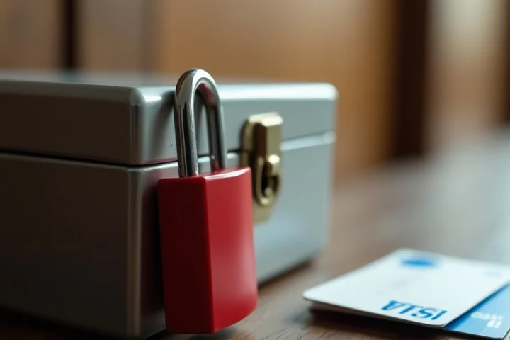 A red padlock snaps shut on a small metal cash box beside plain cut payment cards, showing an immediate stop to financial loss
