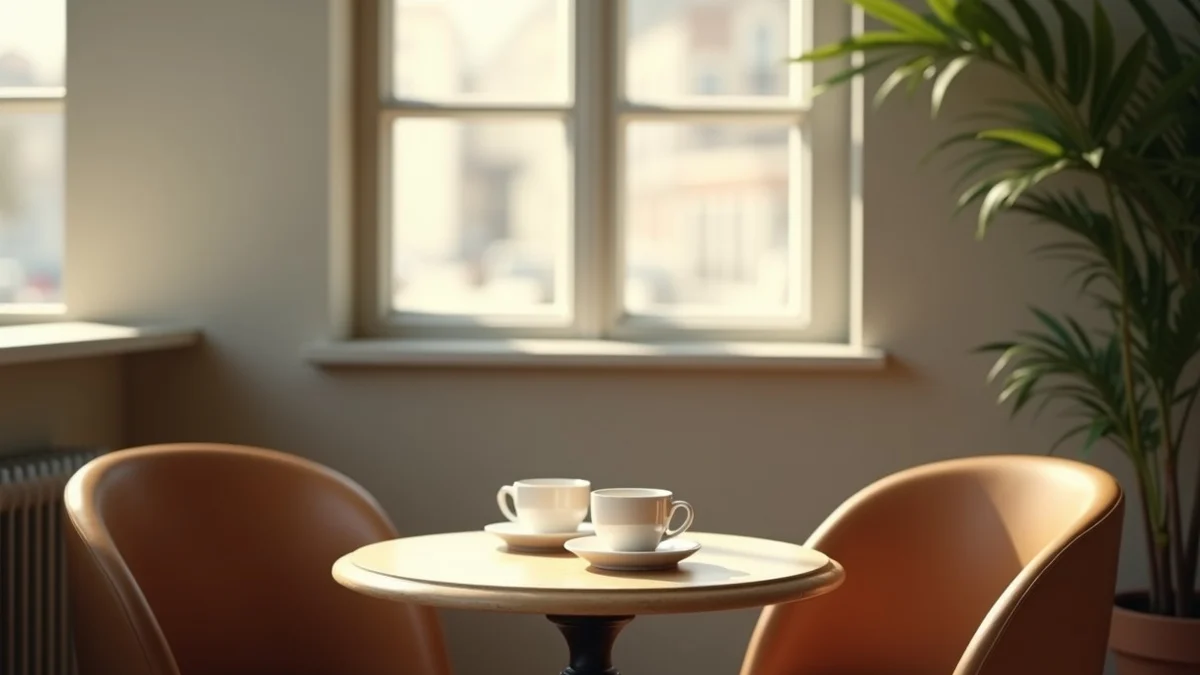 two empty cafe chairs beside a small round table with two plain ceramic cups, soft daylight and an ordinary welcoming interior