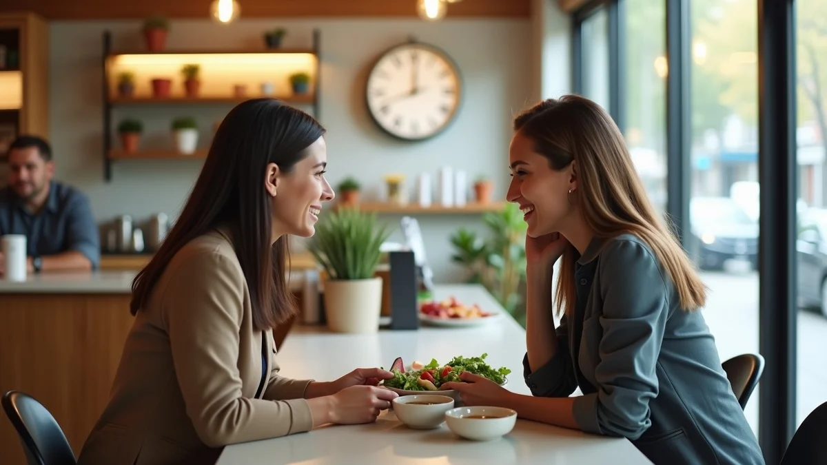 A pair of working adults share a brief, relaxed lunch at a bright food-hall counter