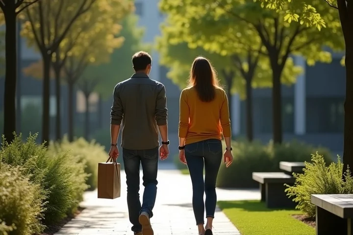 Two adults walk side by side through a landscaped office-district courtyard after picking up a compact takeaway lunch, with a short path, bench