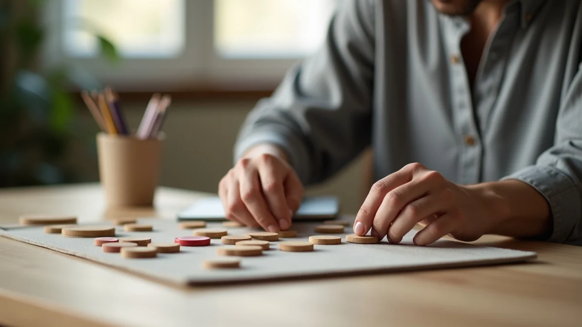 A mid-career professional arranges smooth wooden tokens by color and shape on a felt board