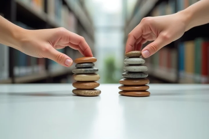 Two hands compare separate rows of colored ceramic stones on a clean tabletop