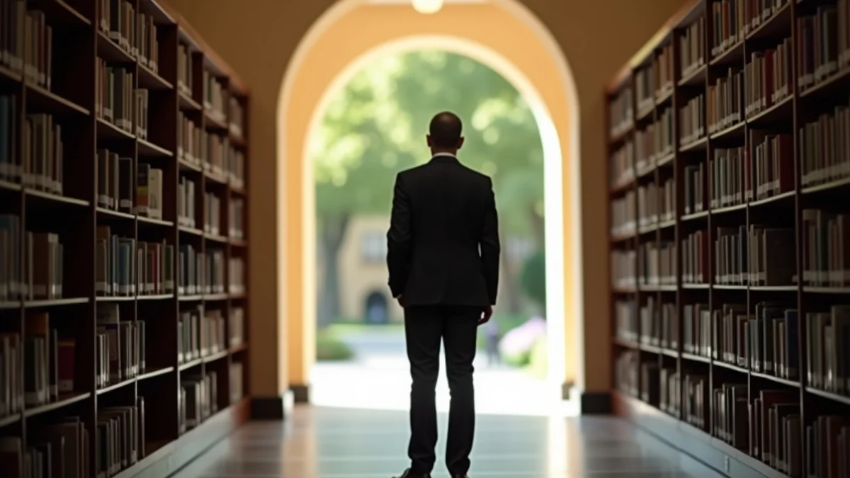 A mid-career man stands at the entrance of a quiet public library, studying two unmarked archways leading toward separate softly lit aisles