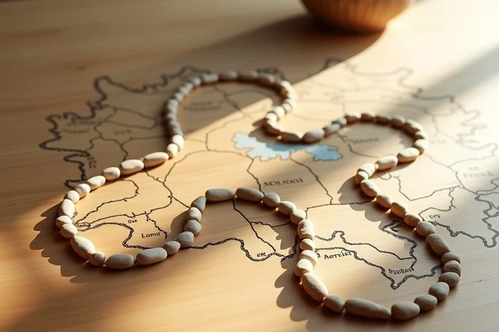 A wooden tabletop map of two winding paths made from smooth stones leads toward a shared horizon