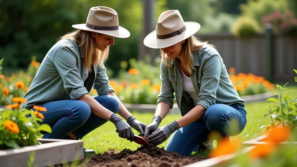 Two community gardeners plant native seedlings together in an open garden on a bright weekend morning