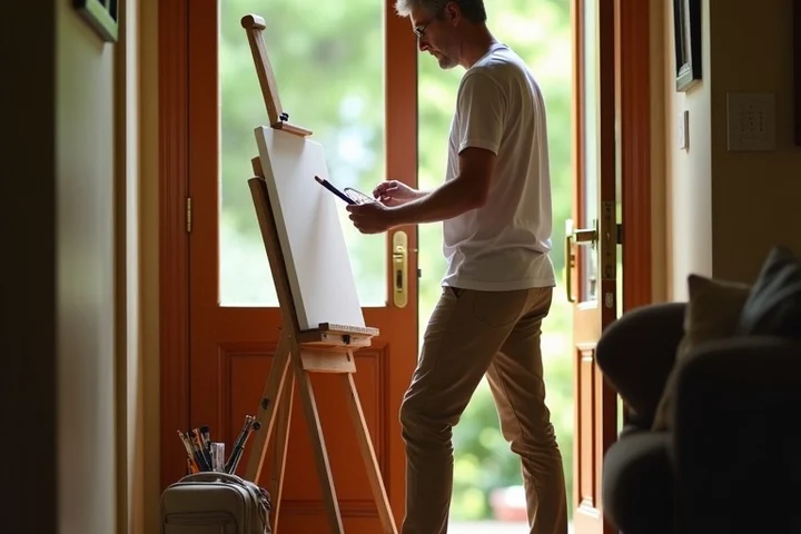 An adult prepares a canvas watercolor kit at home