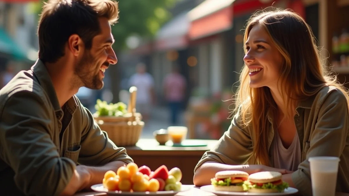 Two adults calmly discuss their dating plans at a neighborhood food market while sharing a modest homemade meal of fruit and sandwiches