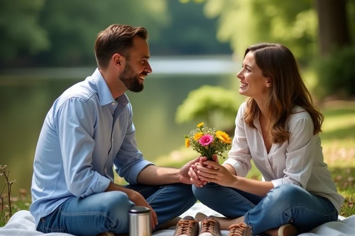 Two adults arrange four modest date ideas on a picnic blanket beside a riverside trail: walking shoes, homemade snacks, a small thermos