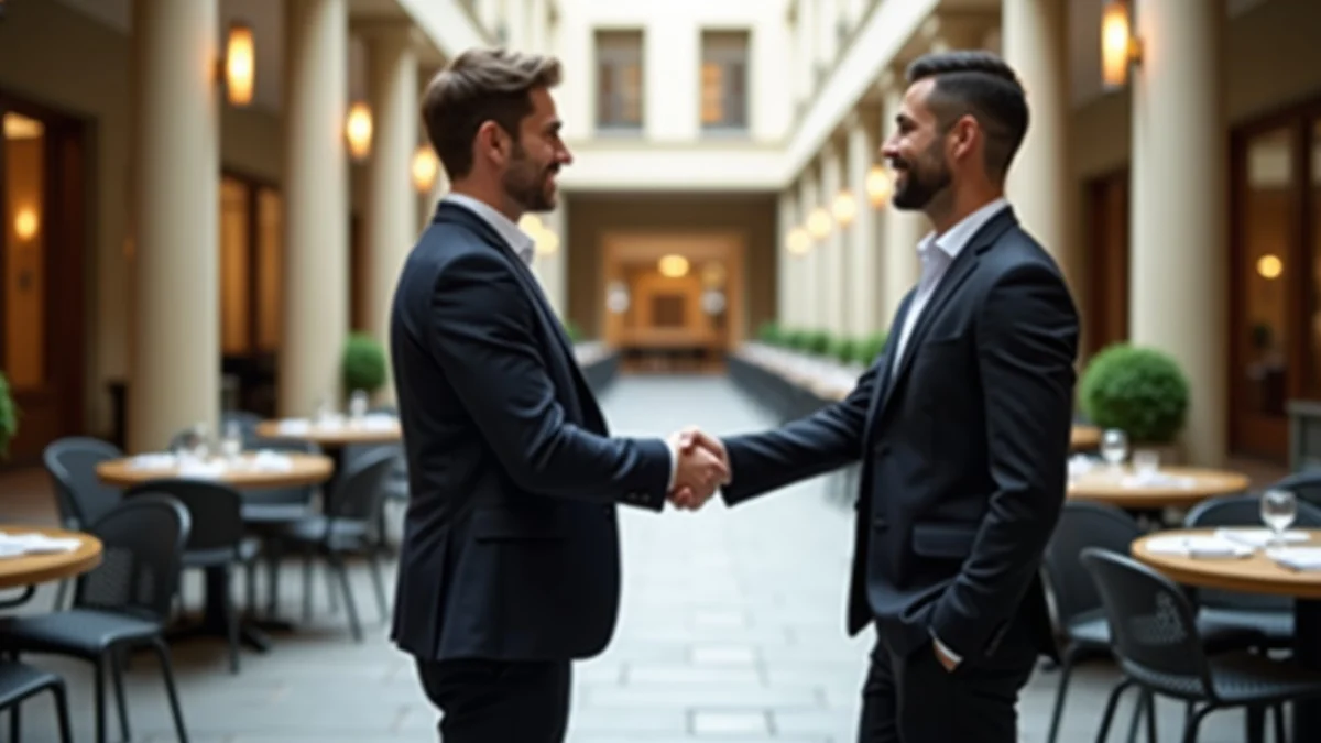 Two professionals exchange a cordial handshake and attentive glance at an open-air industry networking reception