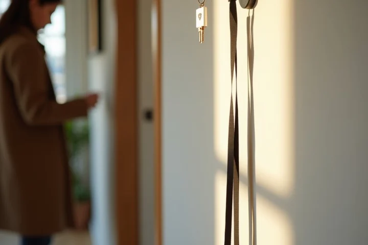A professional hangs a plain event lanyard on an entryway hook while placing a house key in a ceramic dish after returning home