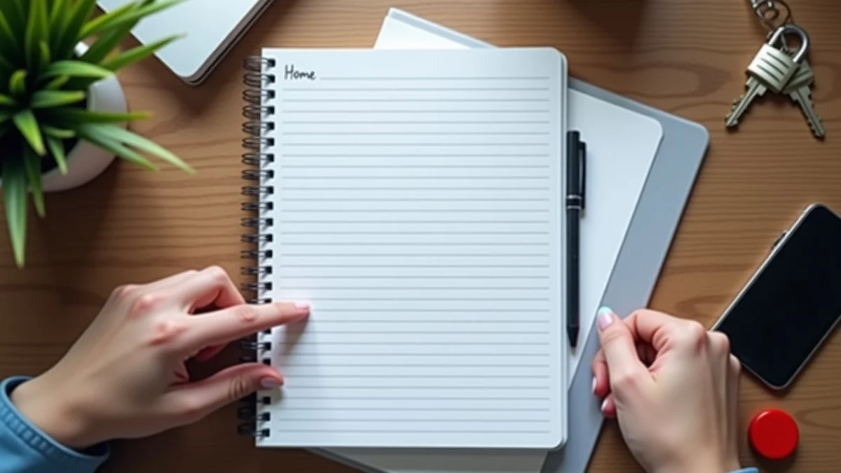 A hand slides a plain notebook marked only with abstract lines into a transparent folder beside a house key, a small padlock