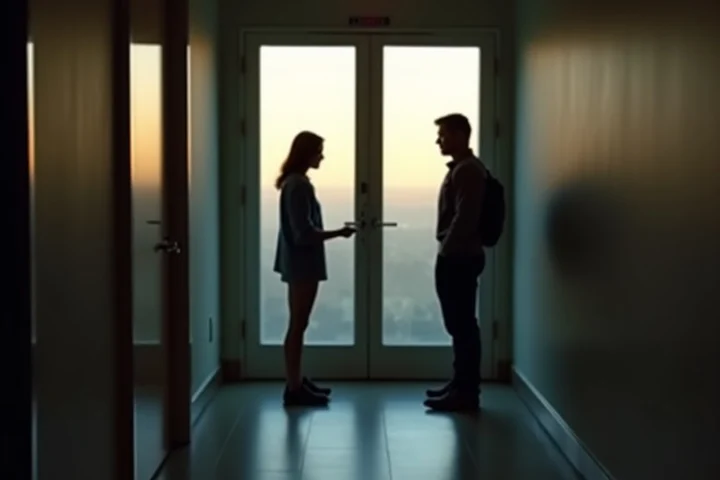 An adult calmly closes a secure apartment entry door while an unfamiliar silhouette remains beyond frosted glass