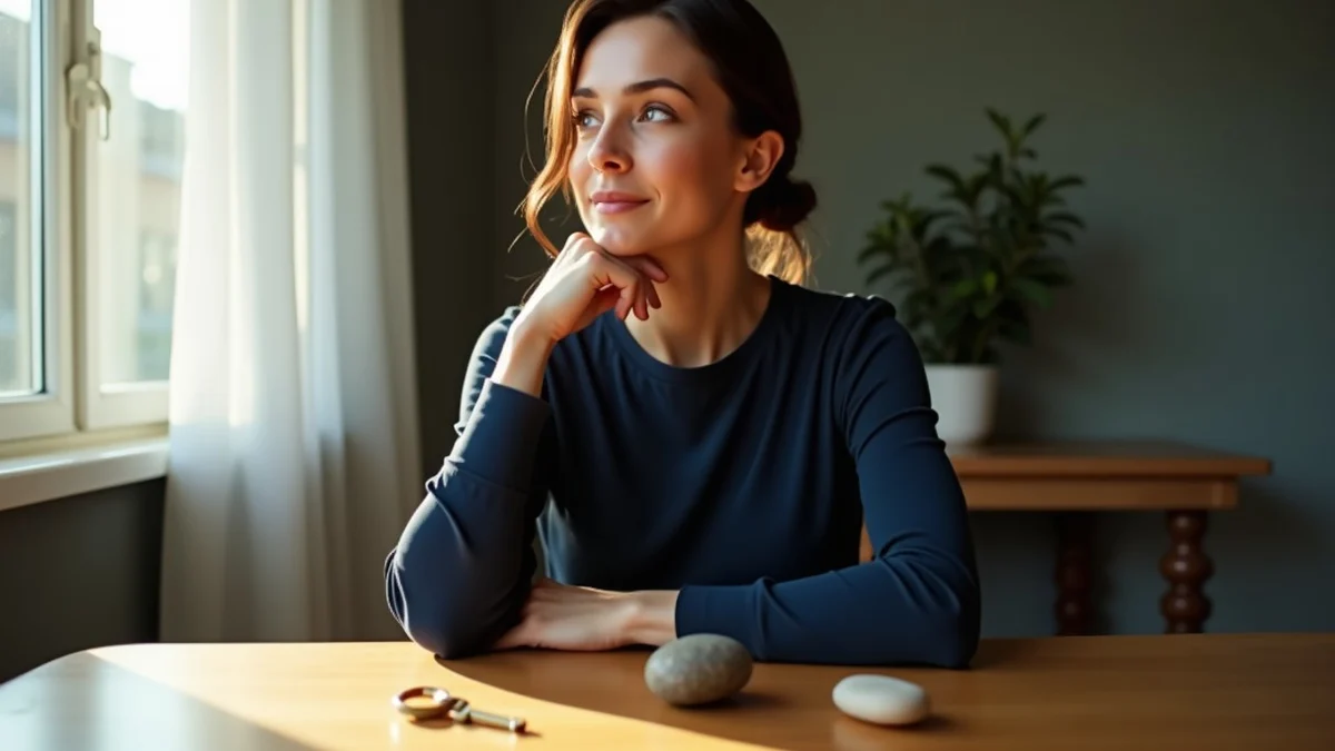 A thoughtful mid-career woman pauses beside a sunlit apartment dining table