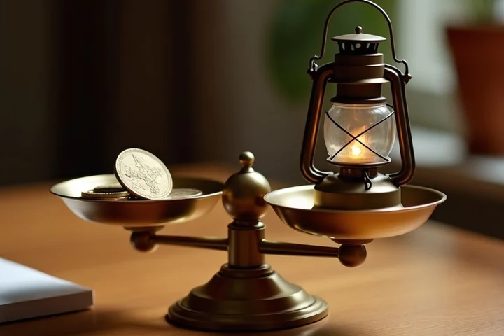 A brass balance scale sits on a walnut desk, one pan holding a single coin and the other holding a compass beside a small unlit lantern