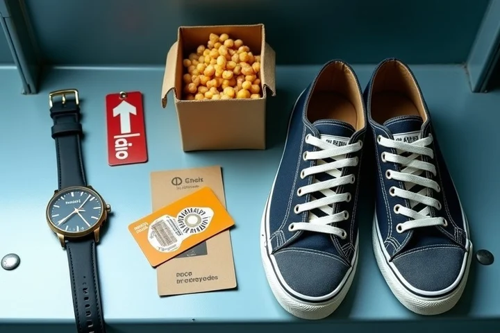 A wristwatch, face-down work badge, packed meal, transit card, and casual shoes form three distinct clusters on a steel locker-room bench