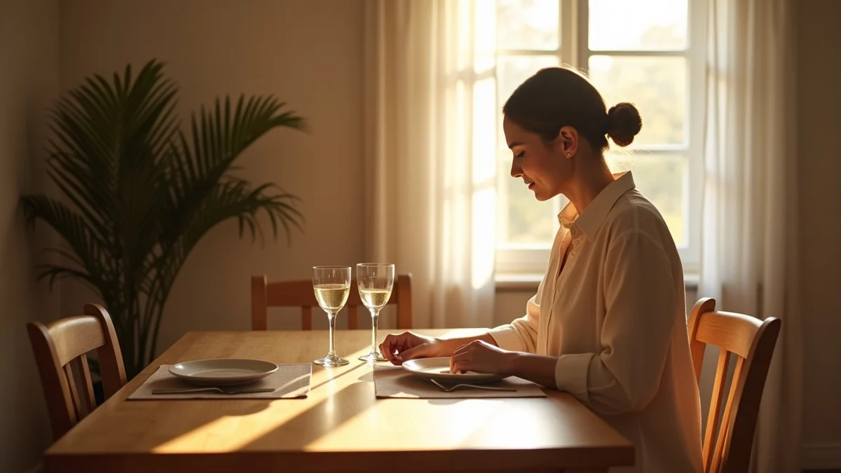 A composed woman in her late thirties sets a second place at a sunlit dining table