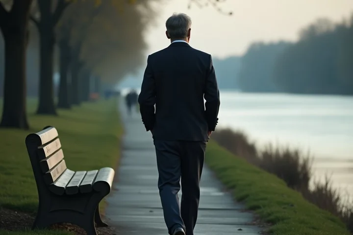 A thoughtful man in his early forties walks slowly along a quiet riverside path beside an empty bench