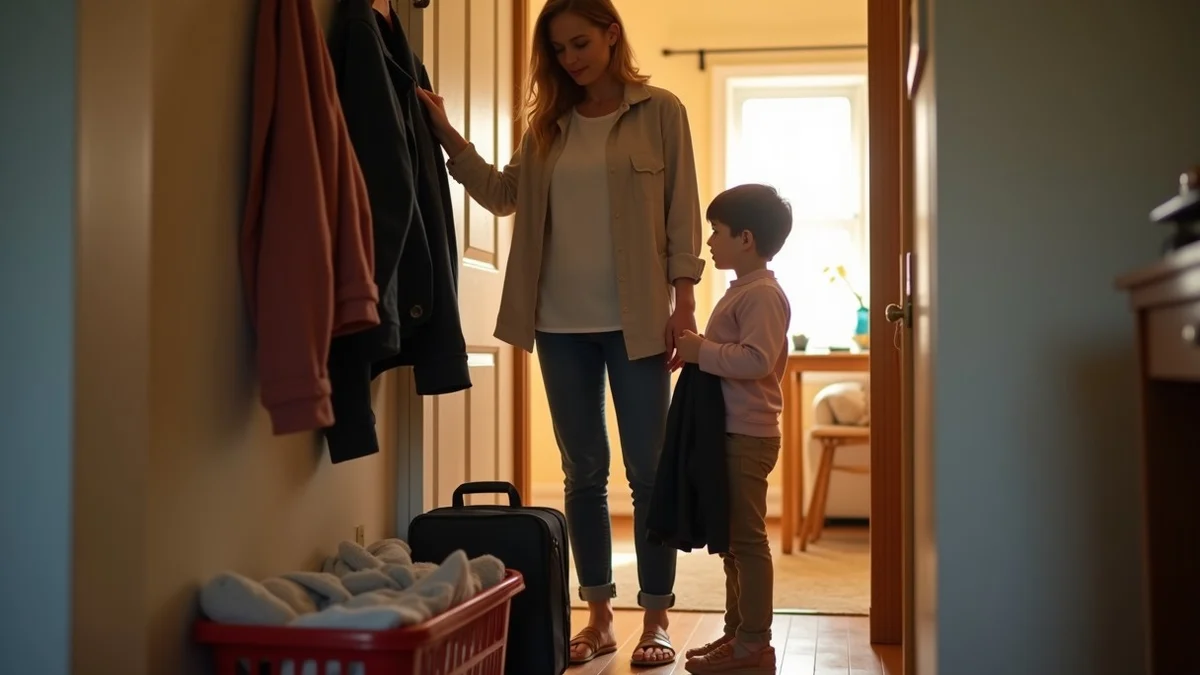 A working single parent hangs a work jacket and folds a child’s small jacket in a tidy home entryway