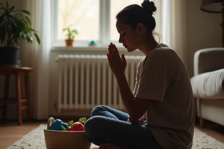 A single parent takes a quiet restorative breath on a living-room rug beside a neatly stored toy basket after finishing household chores