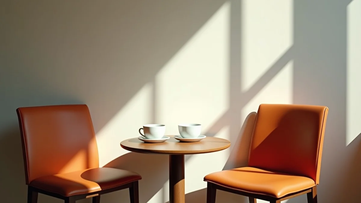 two empty cafe chairs beside a small round table with two plain ceramic cups, soft daylight and an ordinary welcoming interior
