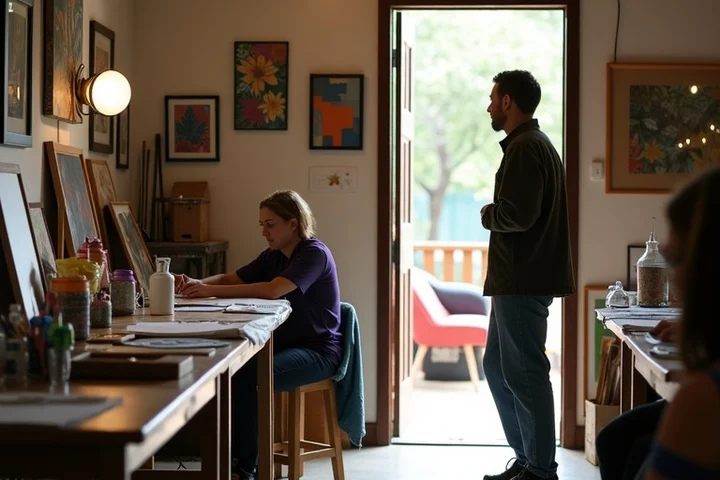 A professional steps away from a lively neighborhood art workshop while one other adult continues arranging materials at a shared table