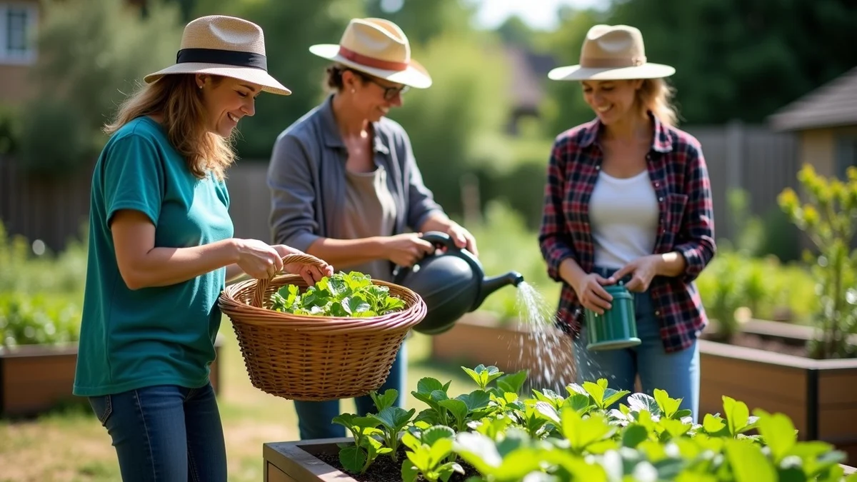 Three adults tend a neighborhood community garden together, one passing a basket while another steadies a trellis and the third waters young plants