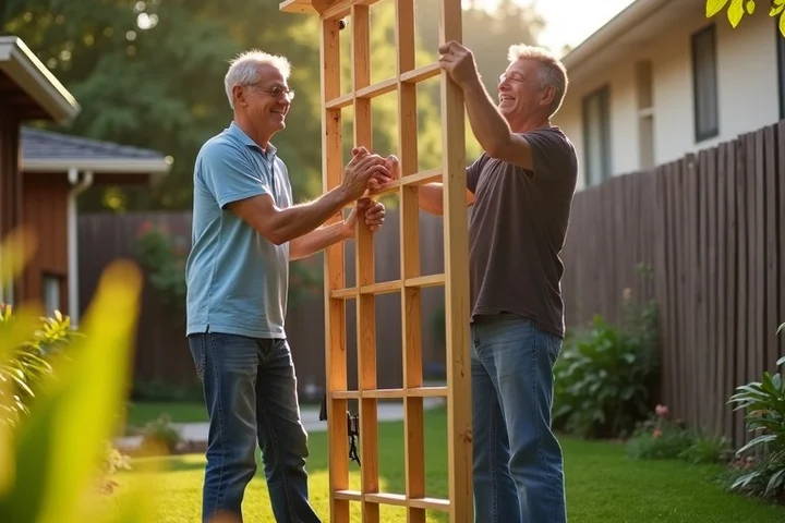 An adult secures a wooden garden trellis in a residential backyard while a second adult holds the frame steady