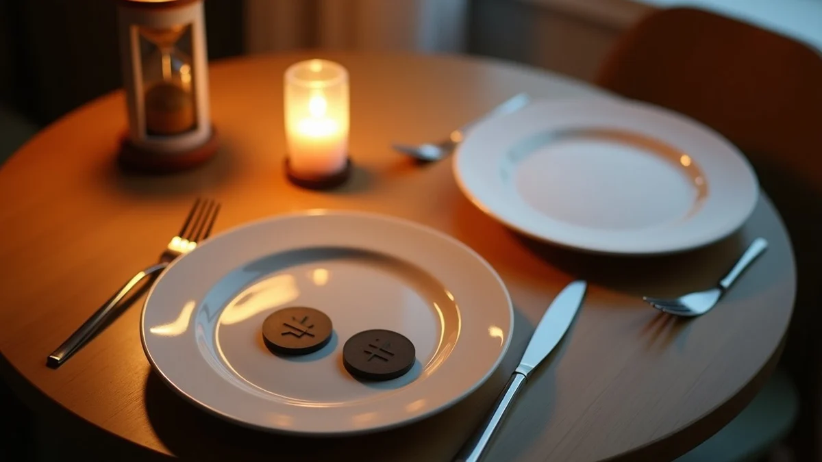 A compact two-place supper setting with a small hourglass and two plain travel tokens rests on a round apartment dining table