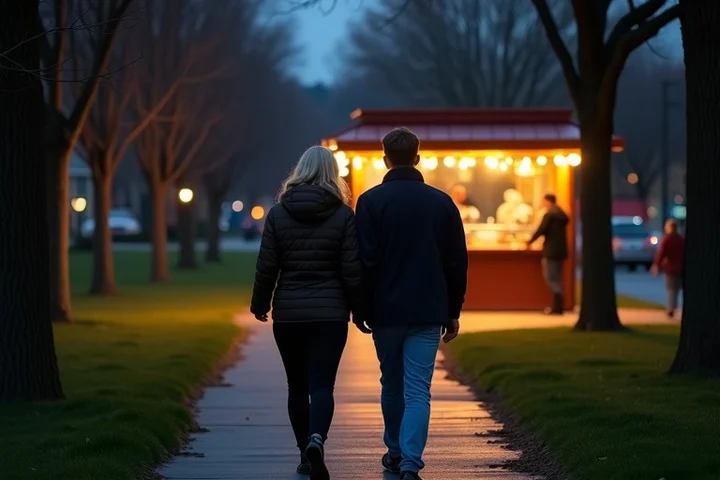 Two adults walk side by side along a quiet neighborhood park path toward one warmly lit dessert counter at the far end