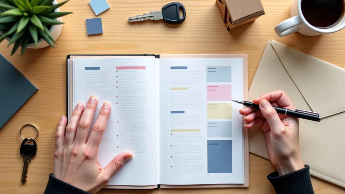 A person organizes blank profile-planning cards beside a pen, house key, small hobby object, and sealed envelope on a tidy home desk
